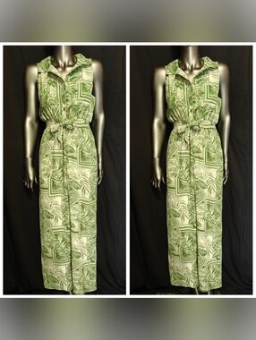 Green Tropical Print Sleeveless Jumpsuit